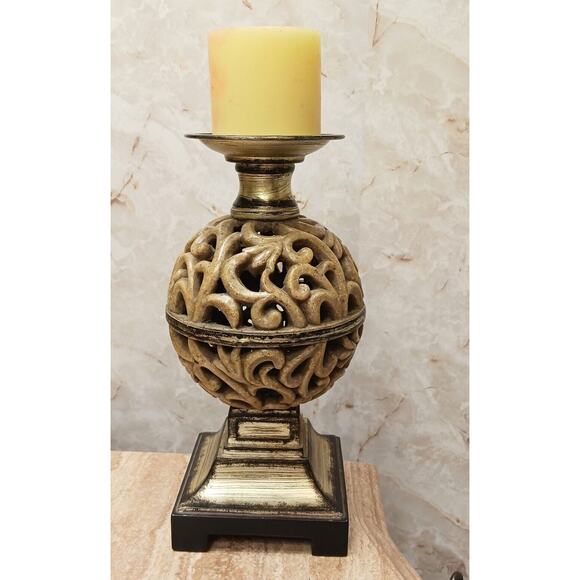Ornate Candle Holder 12" Art Deco Faux Alabaster Cut Out Globe Morrocan Boho VNT - Picture 2 of 10